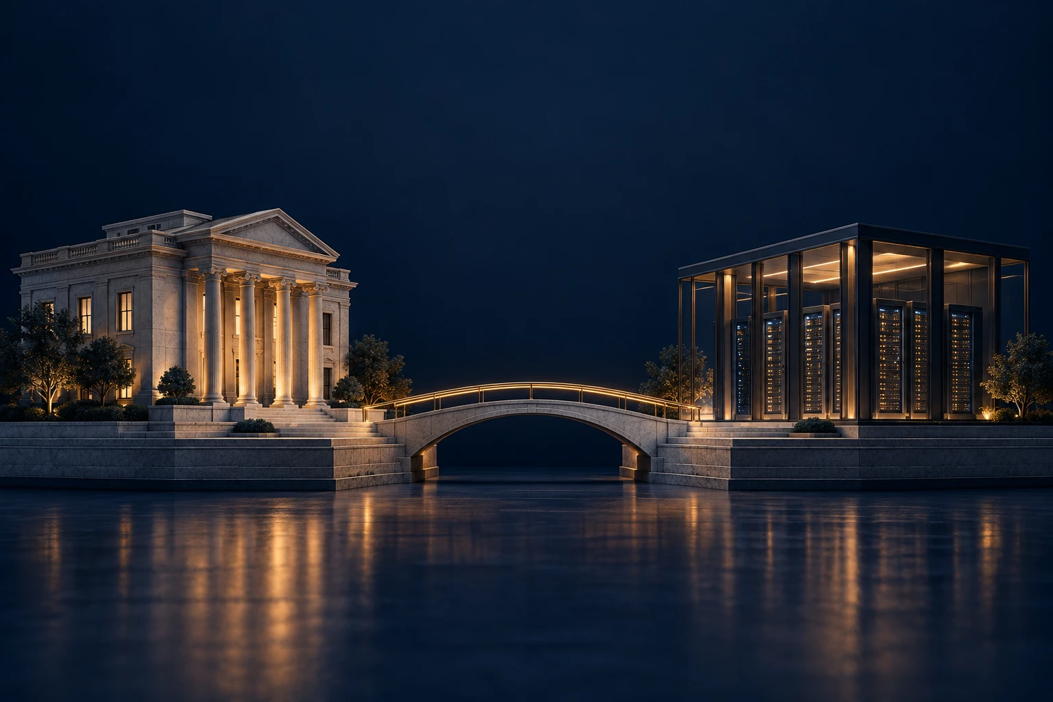 A conceptual bridge connects a classical financial institution to a modern AI data center