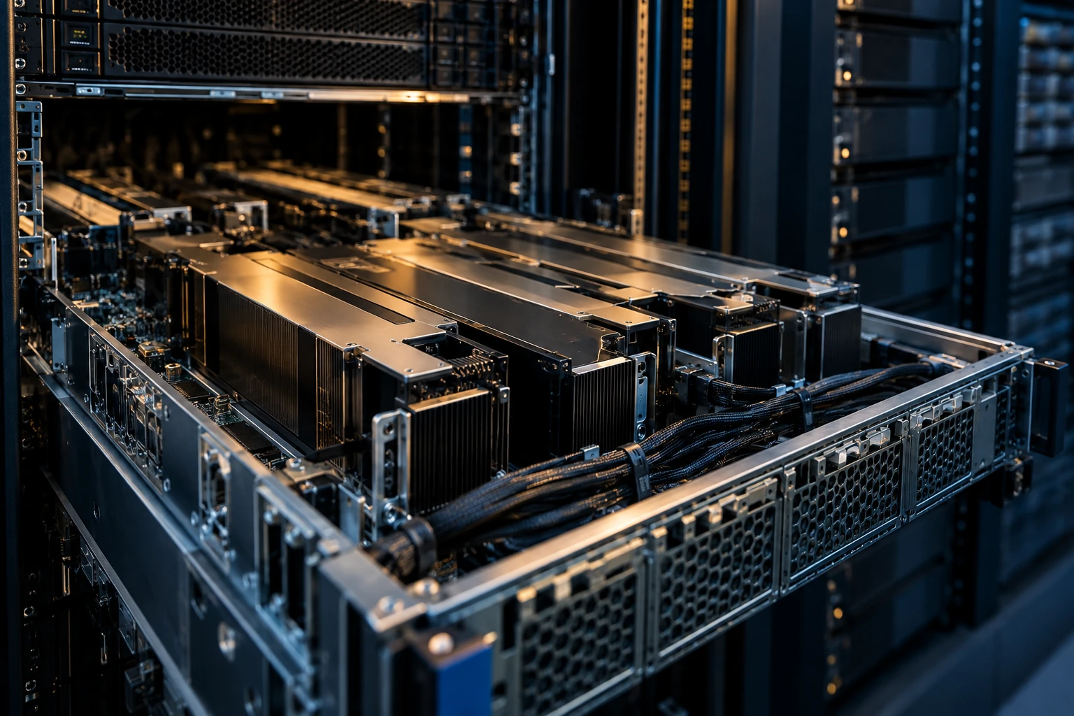 Conceptual close-up of AI accelerator hardware in a data center