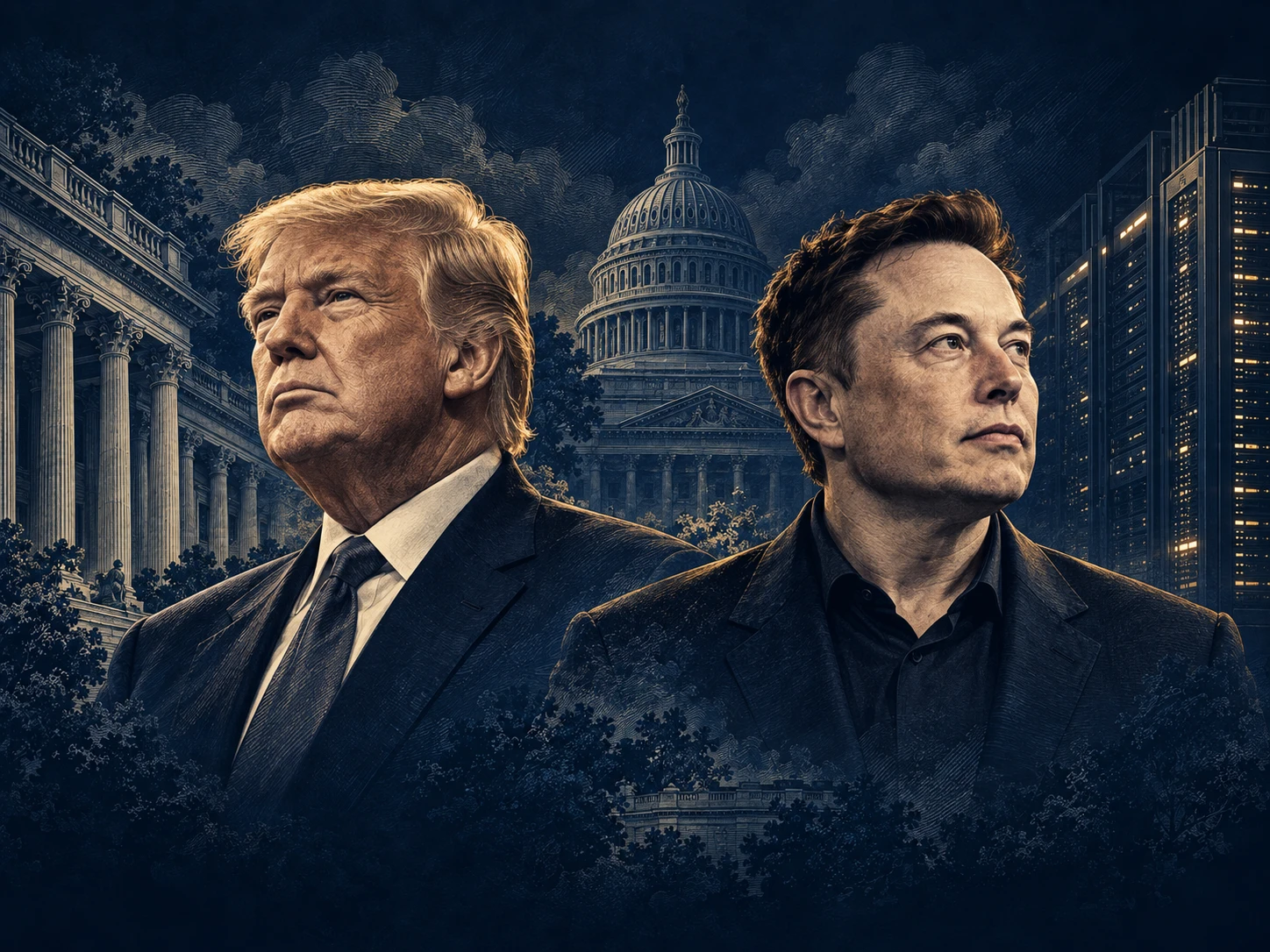 Conceptual engraved portraits of Donald Trump and Elon Musk, with institutional architecture and AI servers